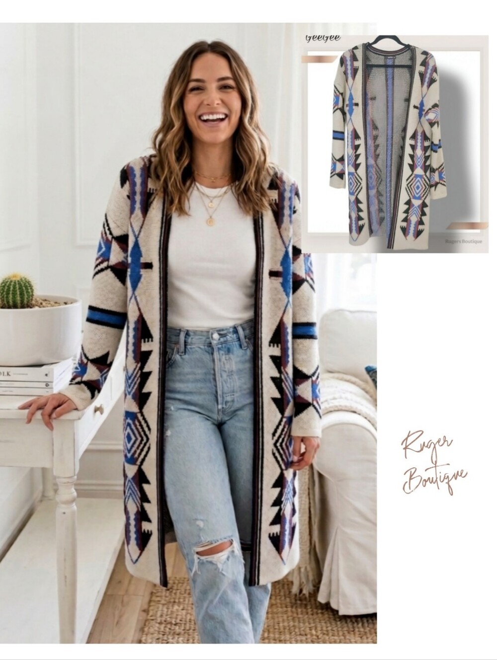 🌿GeeGee Women's Small/Medium Longsleeve Acrylic Aztec Tan Split Hem Cardigan
